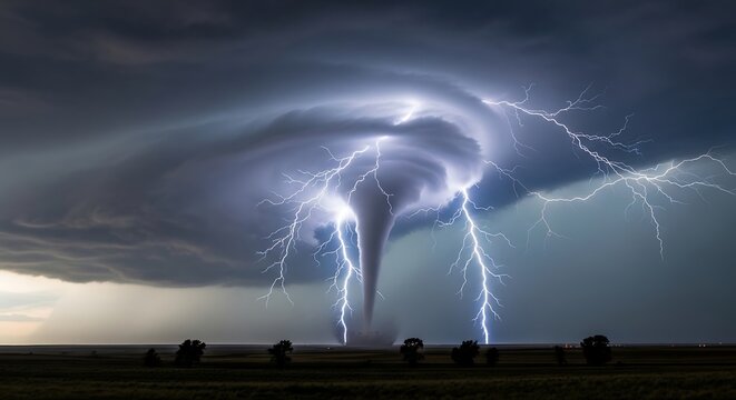 Violent supercell tornado descends from dark storm clouds with intense electric lightning strikes over a wide open rural landscape during a dramatic weather event
