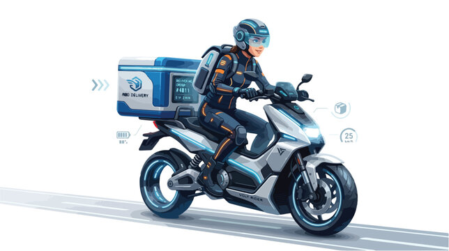 Futuristic Electric Motorcycle Delivery Rider Concept Illustration Vector Graphic for Modern Logistics and Fast Shipping Services