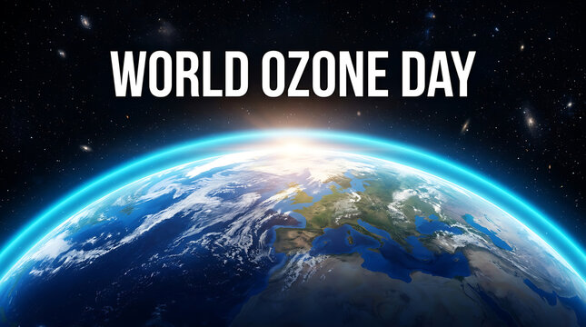 Earth from orbit with highlighted ozone layer on world ozone day symbolizing environmental protection