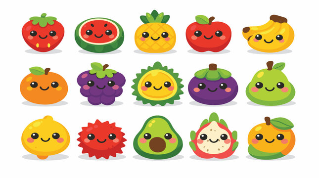 Set of Cute Fruit Characters with Happy Faces, Kawaii Tropical and Garden Fruits Vector Illustration Stickers