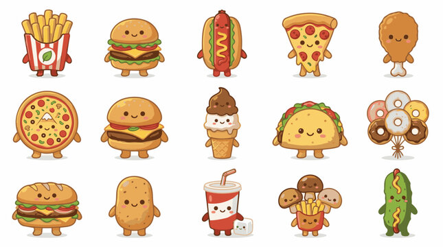 Set of Cute Fast Food Characters and Junk Food Icons, Kawaii Street Food Vector Illustration Stickers