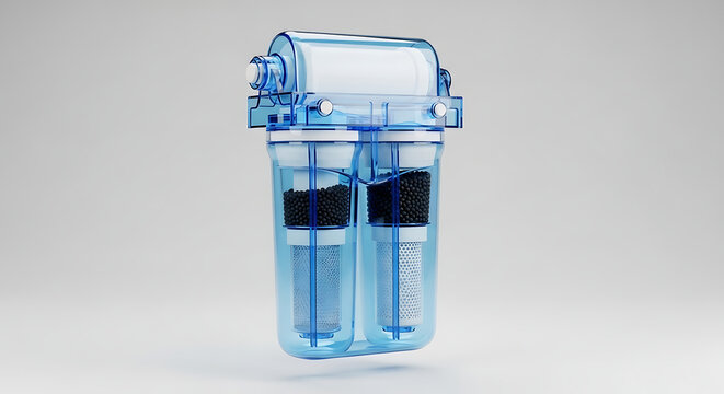 Clear transparent water filter system with two cartridges containing carbon and sediment filters showing purification process technology.