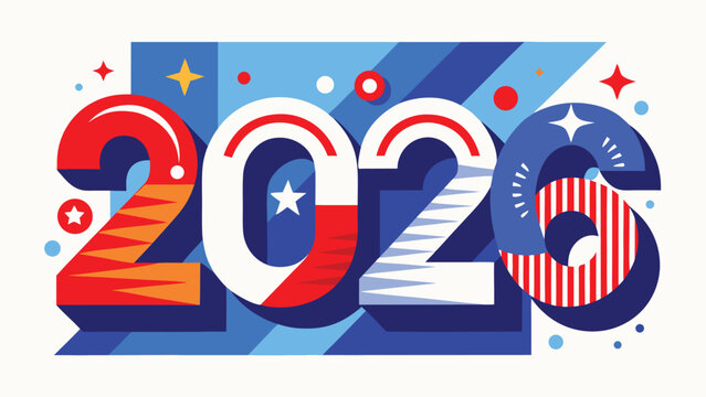 Stylized 2026 numbers with patriotic American flag elements and abstract shapes.