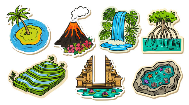 Tropical Island Landscapes and Exotic Landmarks Vector Stickers