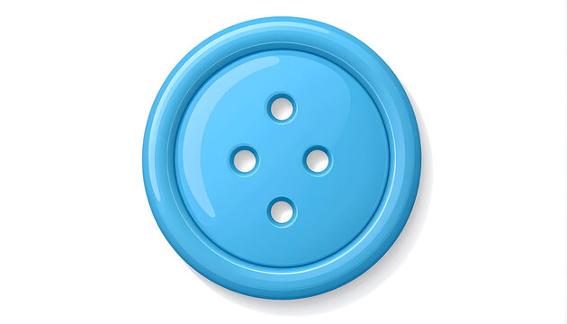 Isolated sky blue four hole button, shiny plastic sewing fastener, round clothing accessory with shadow on white