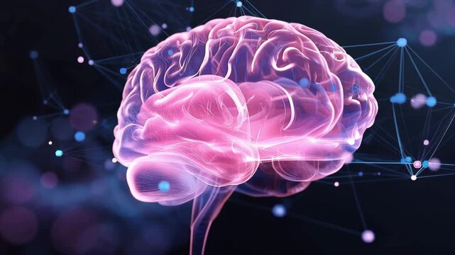 Human brain connected to digital network showcasing the blend of biology and technology in a modern setting