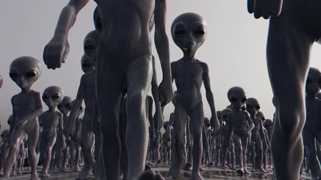 A hauntingly seamless loop 3d animation of a vast crowd of grey extraterrestrials with large black eyes walking purposefully across a cold, reflective metallic floor