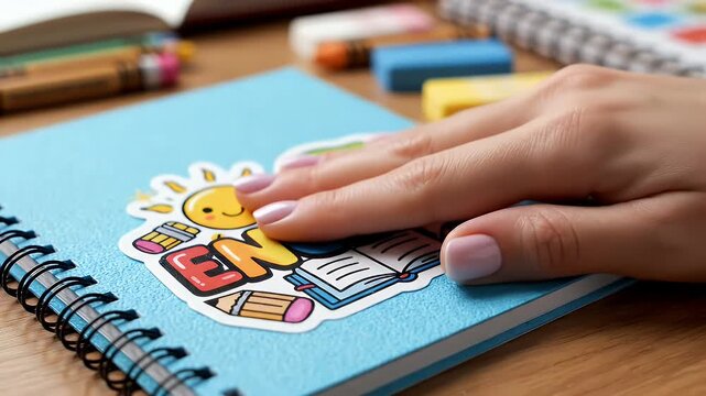 A colorful English learning notebook adorned with stickers and a pointing finger