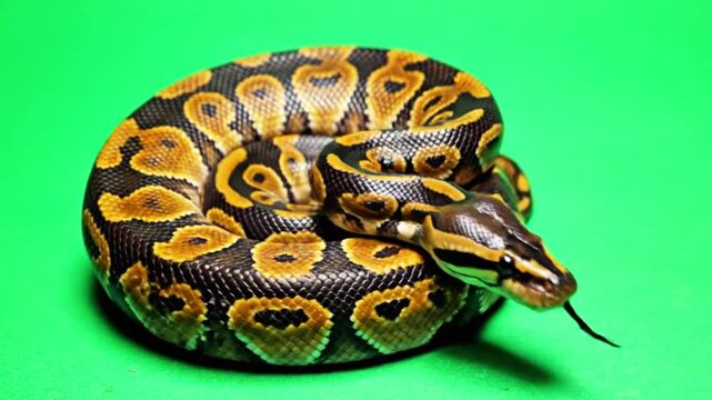 Ball python coiled on a green background stock footage