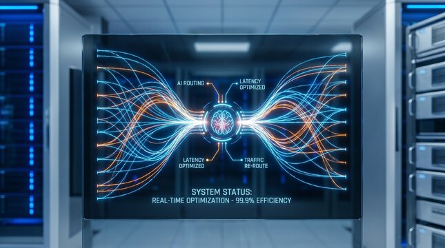 AI routing system with real time network optimization interface in data center server room.