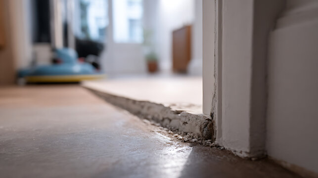 Renovation work in progress: close up view of a concrete floor with dust and debris next to a door frame, with polishing machine blur in background