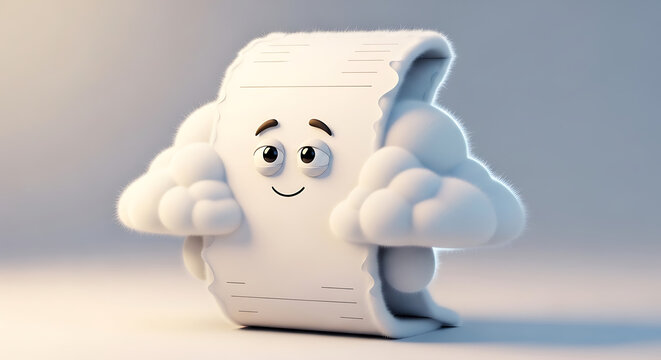 Cute cartoon paper receipt character with fluffy cloud hands and friendly face smiling for consumer service and shopping payment feedback concepts.