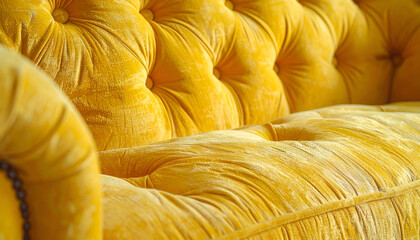 Fototapeta premium Luxurious Yellow Velvet Tufted Sofa Close-up Detail.