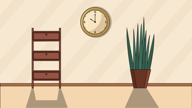 Wooden Cabinet interior scene cartoon animation backgrounds video . indoor setting with a clock Houseplant for furniture concept animated footage motion graphic illustration design