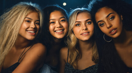 Obraz premium Multicultural young attractive women, 4 girls in group at nightlife as friends ahving fun together