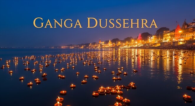 Ganga Dussehra Celebration Background with Floating Diyas on River Ganges, Traditional Indian Festival Vector Illustration with Varanasi Ghats at Night 