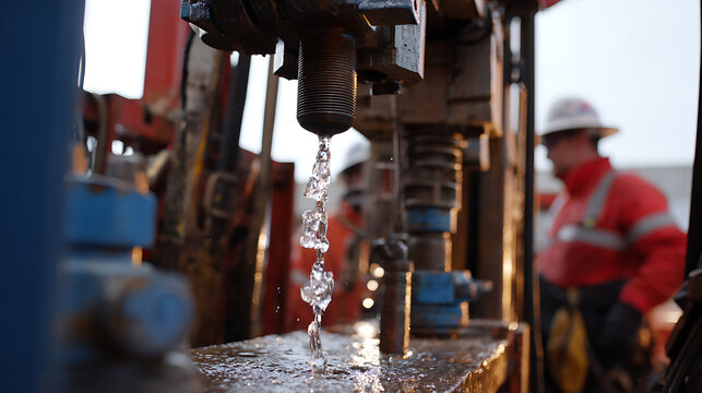 Water drips from industrial machinery on an active worksite, highlighting heavy equipment and a worker in safety gear in the background, out of focus