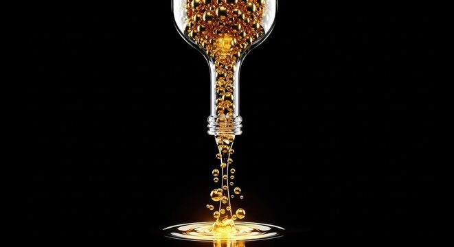 An elegant inverted glass bottle releases shimmering gold orbs and liquid light into a clean clear void, capturing a festive celebration, warm, gold, void