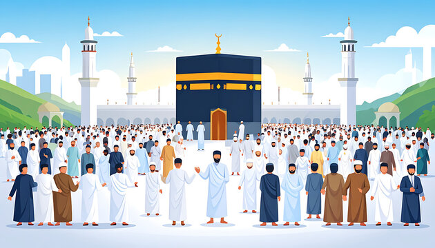 Large crowd of Muslim pilgrims in ihram clothing performing hajj around the Kaaba in Mecca, religious gathering, pilgrimage, Islamic tradition