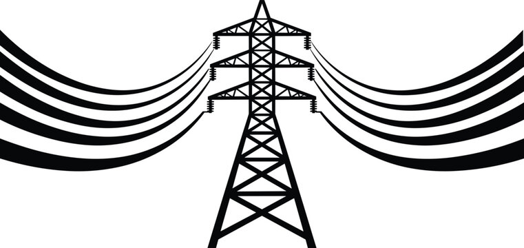 Stylized black silhouette of a high-voltage electricity pylon with curved power lines transmission tower