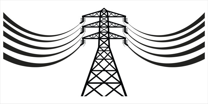 Stylized black and white illustration of a high voltage electricity pylon with power lines transmission tower