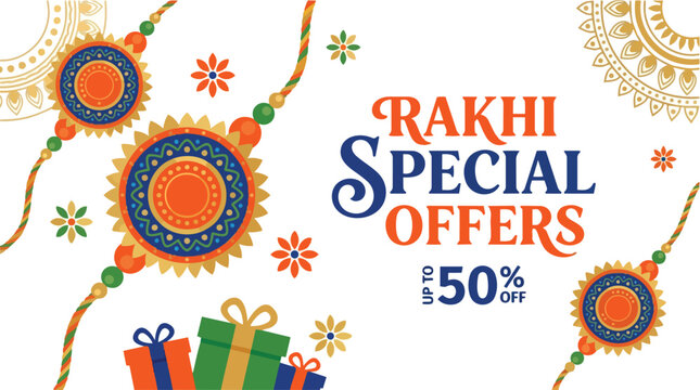 Vibrant Rakhi Special Offers banner with traditional Raksha Bandhan threads and festive gifts. Celebrate the bond of siblings in India with up to 50% discount.