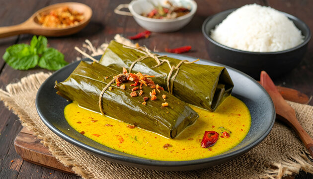 Delicious Indonesian Lemper Ayam Wrapped in Banana Leaves with Savory Sauce.