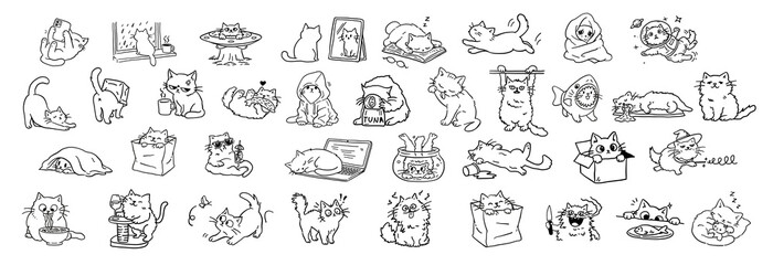 Cute cat sticker pack with hand drawn kitten doodles, funny cats collection for planner, social media, messaging stickers, clipart and design elements isolated on transparent background big collection © Anna (Bile Platno)