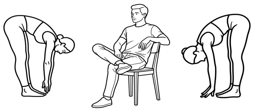 Diverse group of people in line art, featuring woman stretching or bending down and man sitting casually on a chair.