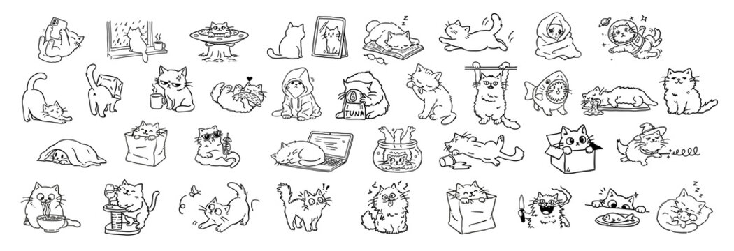 Cute cat sticker pack with hand drawn kitten doodles, funny cats collection for planner, social media, messaging stickers, clipart and design elements isolated on transparent background big collection