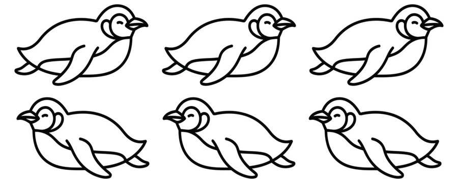 Set of black and white penguin cartoon characters, adorable and stylized with simple lines, swimming or laying down in various positions.
