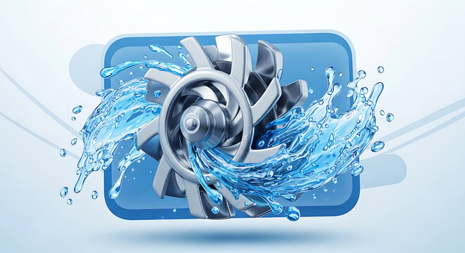 Industrial water turbine component surrounded by splashing droplets demonstrating clean energy power generation and hydro technology on white background.