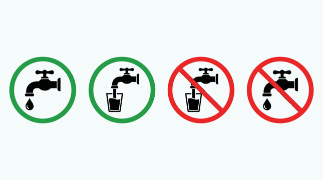 Icons showing water faucet with drop filling glass prohibition signs, forbidden