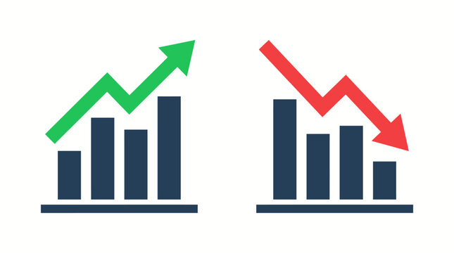 Upward trending green graph and downward trending red graph with analytics