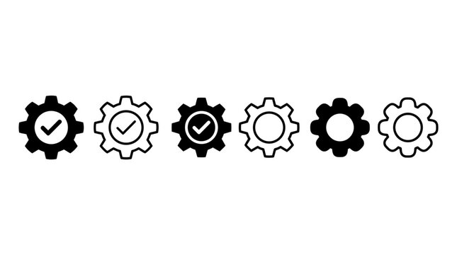 Set of six gear icons with checkmarks and empty settings mechanism technology