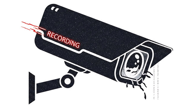 Black and white hand drawn illustration showing security surveillance camera recording live video feed with ink drips representing digital data leakage.