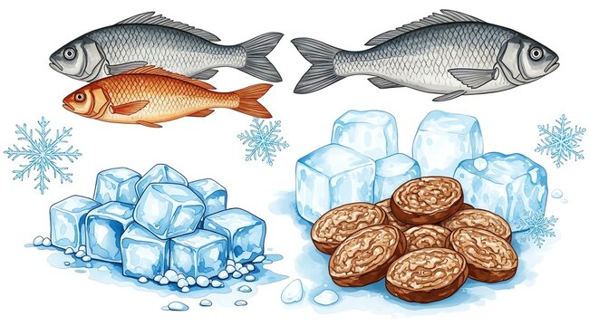 Set of fish ice cubes and brown cookies illustration.