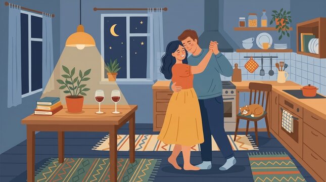 Couple slow dancing in a kitchen at night with wine glasses and comfortable love