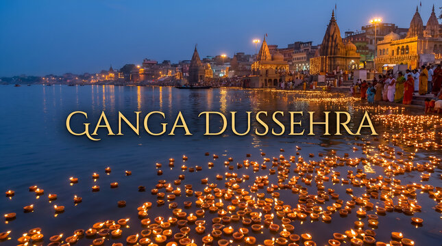 Ganga Dussehra Celebration Background with Floating Diyas on River Ganges, Traditional Indian Festival Vector Illustration with Varanasi Ghats at Night 