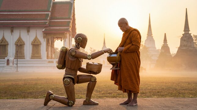 Robot offering food to monk at wat phra si sanphet cultural exchange temple grounds sunrise peaceful interaction