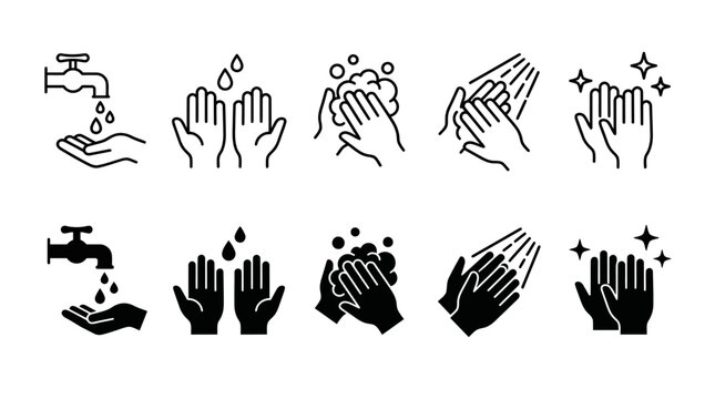 Hand washing steps icons set: cleanliness and hygiene with washing hands