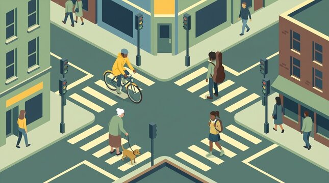 City crossroads with four different lives meeting briefly as strangers in one moment