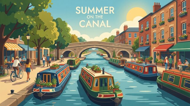 City canal on a summer afternoon with narrowboats, towpath walkers and cyclists