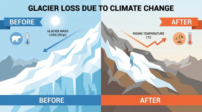 Melting glacier revealing bare rock in before and after split image climate data concept