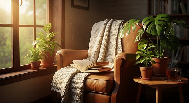 Cozy leather armchair with a soft knitted blanket and an open book by a bright sunny window view. 5.5x8 
