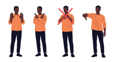 Obraz premium African American man in orange sweater showing various negative body language gestures including stop hand and thumbs down.