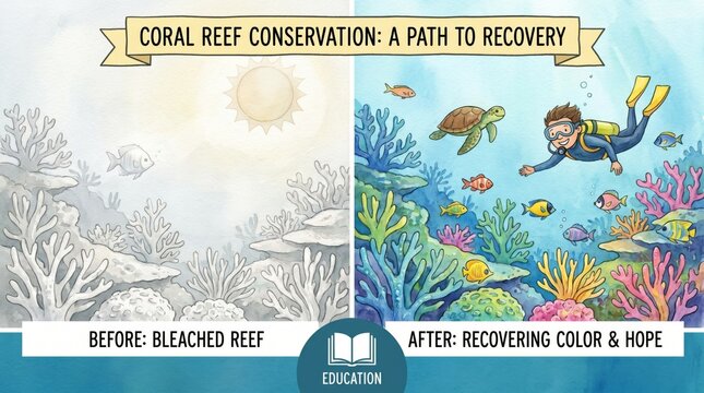 Coral bleaching recovery concept showing bleached reef returning to colour with conservation hope