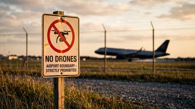 Airport drone restrictions safety signage drone prohibition airfield environment ground viewpoint aviation regulations