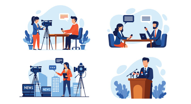 Diverse scenes of broadcast journalism featuring television news reporting, live interviews, and professional press conferences in a city.