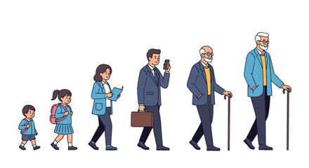 Obraz premium Illustration showing the human life cycle of a male from a young child through adulthood and into late seniority using various life items.